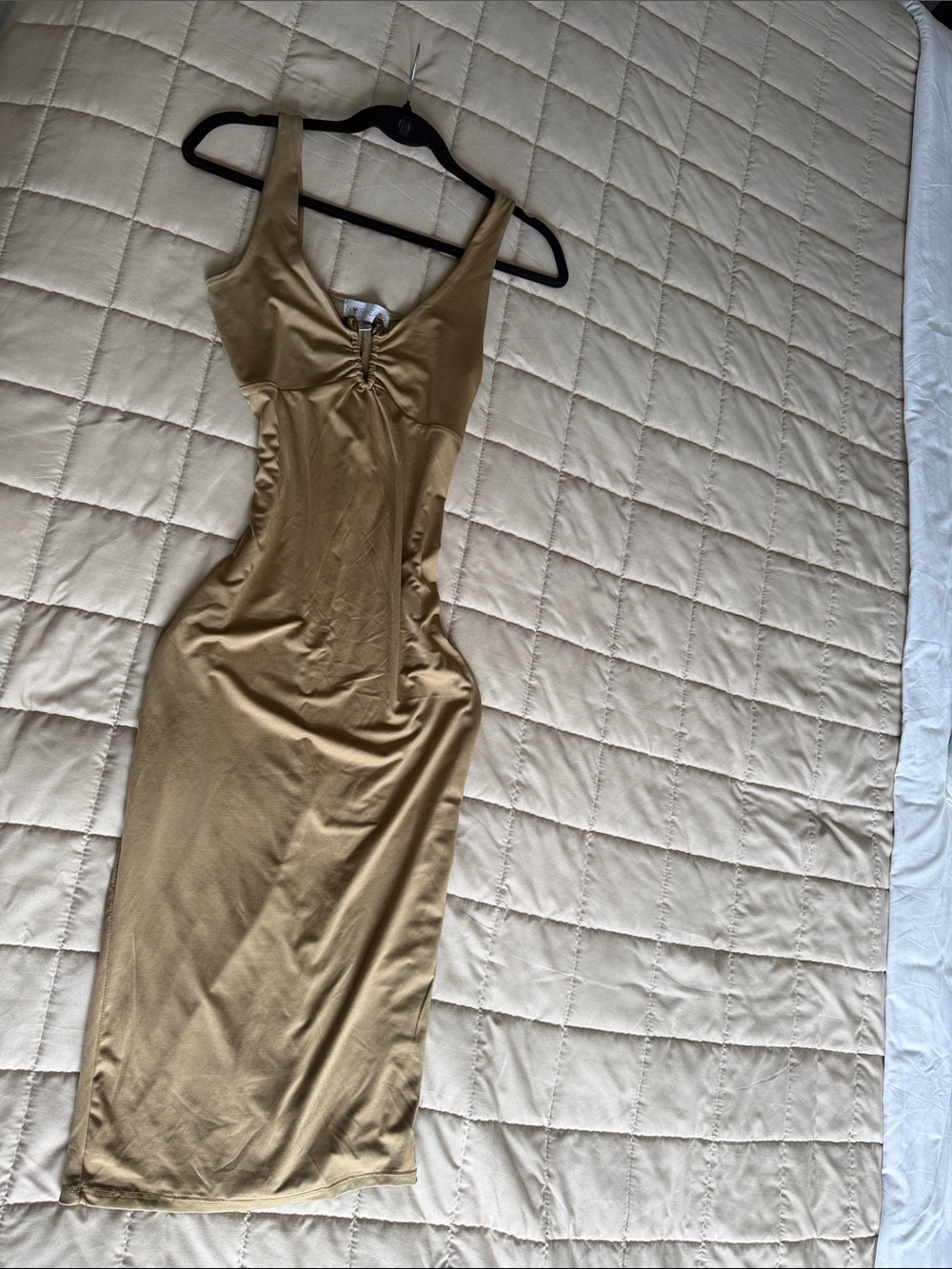 & Other Stories Gold Ruched Bodycon Midi Dress